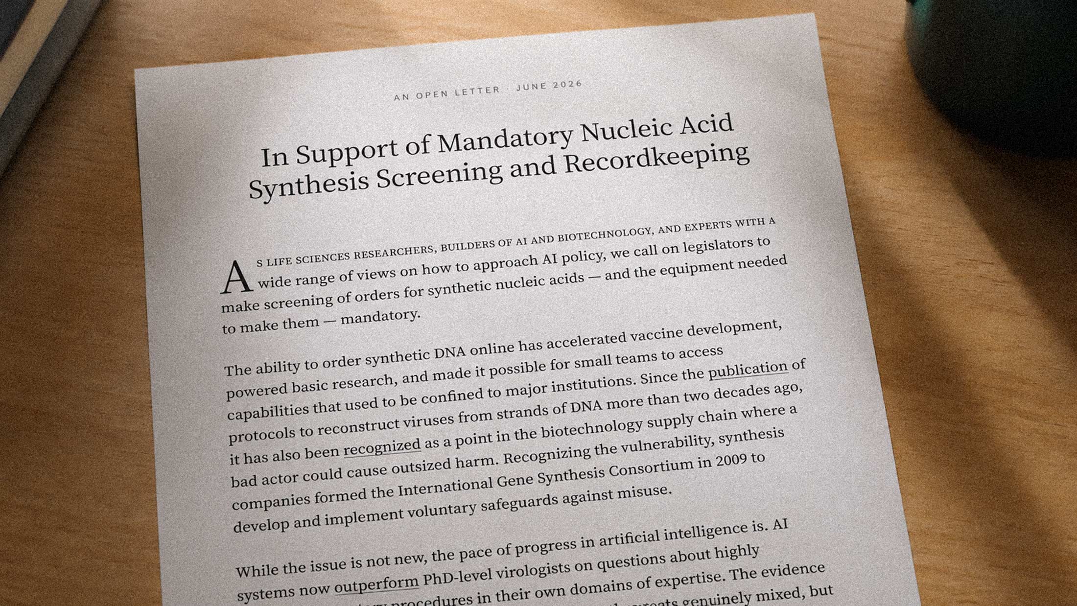 AI CEOs Call on Congress to Mandate Synthetic DNA Screening, Citing AI Biosecurity Risk